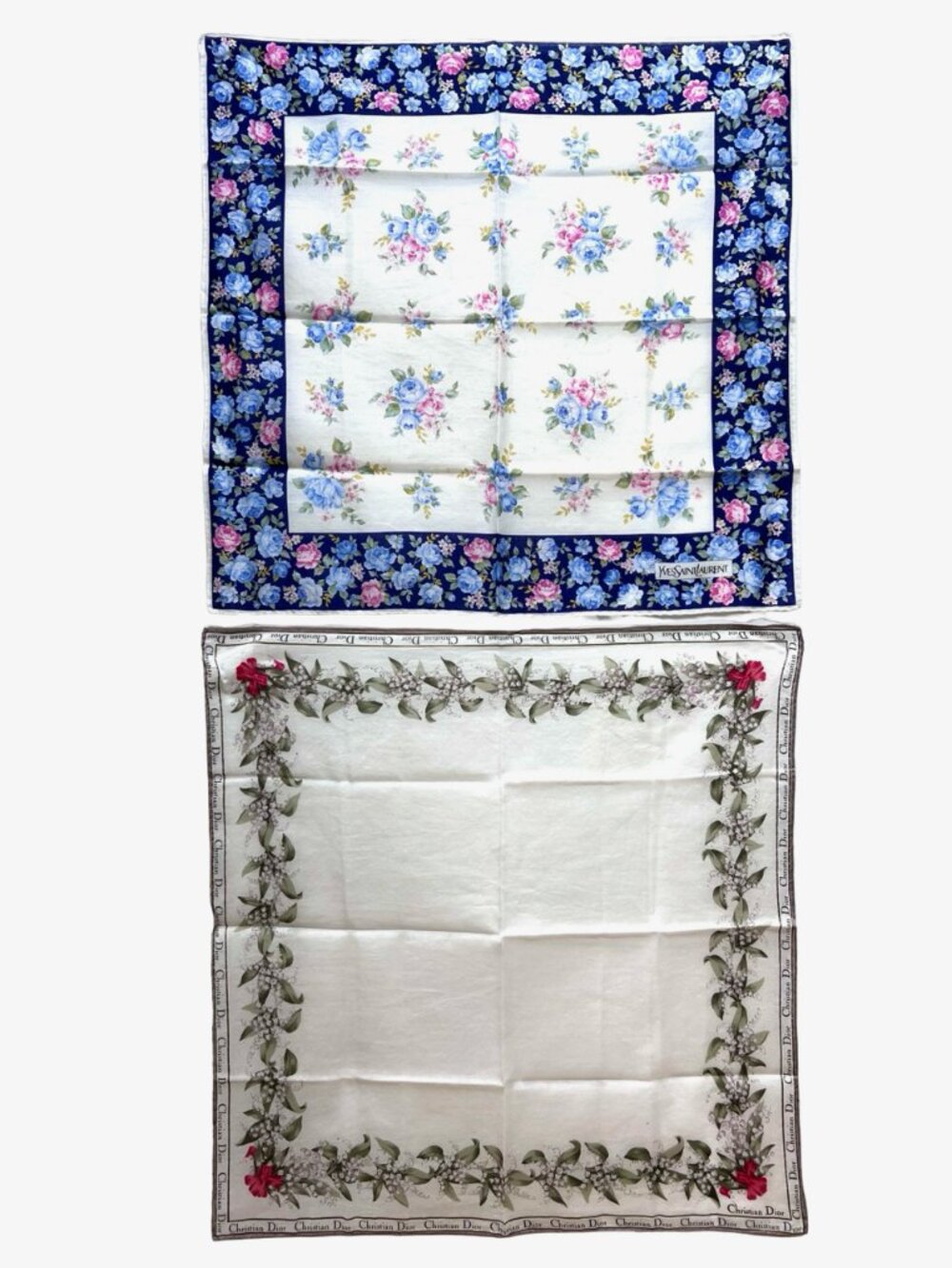 2 Neck-Kerchief YSL & Christian Dior cotton 18.5" white blue red  foral ( - Picture 8 of 14